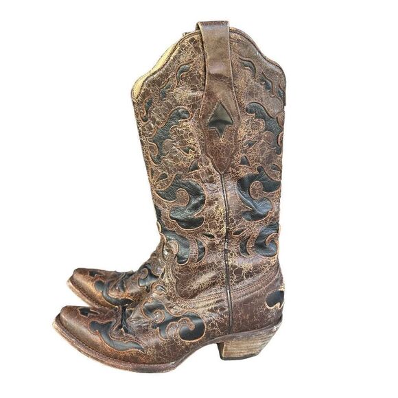 Corral Vintage Brown Goat Overlay Snip‎ Toe Cowboy Boots Womens Size 6.5m C1957 - Picture 2 of 10